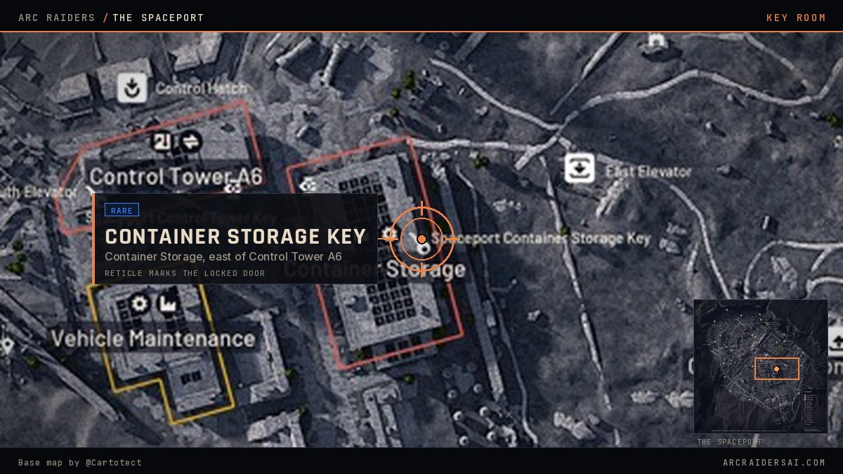 The Spaceport map in Arc Raiders with the Spaceport Container Storage Key door marked east of Control Tower A6, at Container Storage