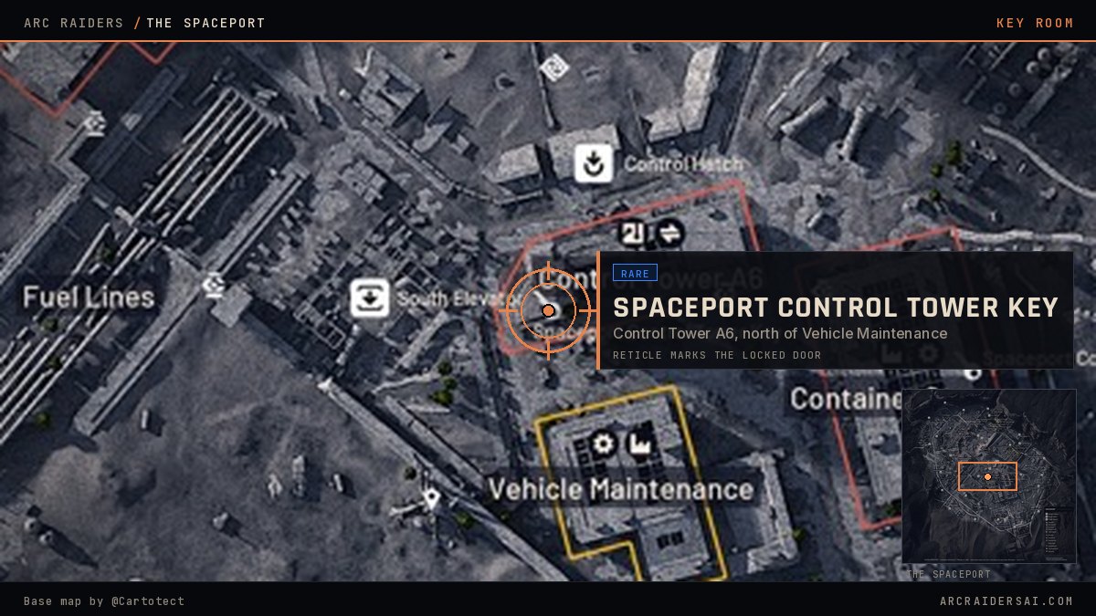 The Spaceport map in Arc Raiders with the Spaceport Control Tower Key door marked at Control Tower A6, north of Vehicle Maintenance